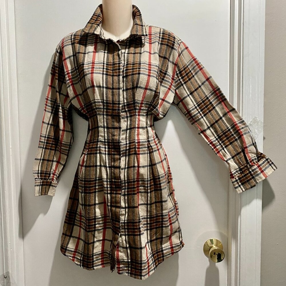 Spoon Jeans Plaid Flannel Fitted Heritage Preppy Goth Academia Knee Mini Dress S
